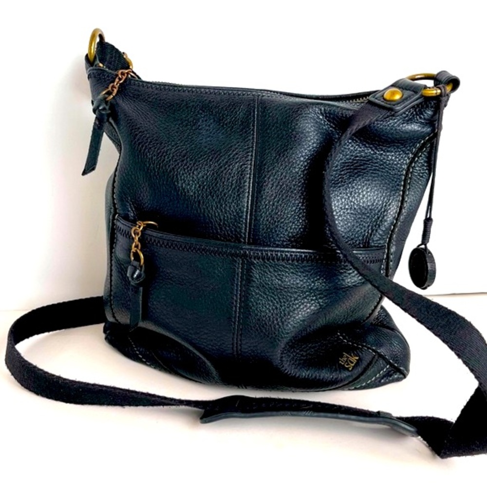 The Sak Iris Bag Leather Crossbody Black Brass Hardware VTG READ